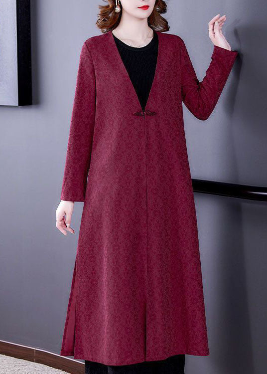 Unique Red V Neck Jacquard Side Open Silk Coats Long Sleeve
