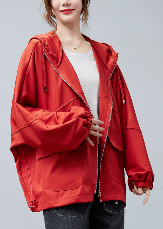 Unique Red Zippered Drawstring Cotton Hoodies Coats Spring