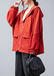 Unique Red Zippered Drawstring Cotton Hoodies Coats Spring