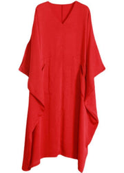 Unique Red asymmetrical design Batwing Sleeve Summer Chiffon Dress - SooLinen