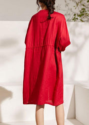 Unique Red lantern Sleeve Tie waist Button Summer Ramie Vacation Dresses Half Sleeve - SooLinen