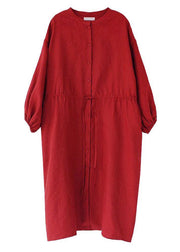 Unique Red lantern Sleeve Tie waist Button Summer Ramie Vacation Dresses Half Sleeve - SooLinen