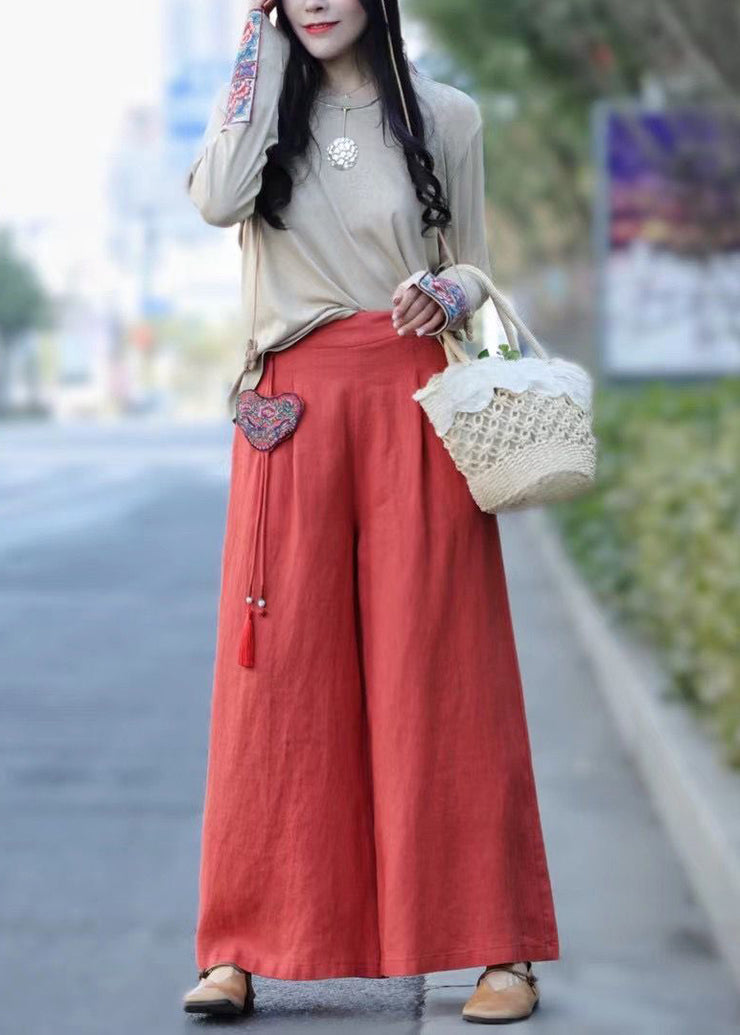 Unique Red wrinkled Embroidered Pendant Linen wide leg Pants Spring