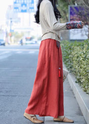 Unique Red wrinkled Embroidered Pendant Linen wide leg Pants Spring