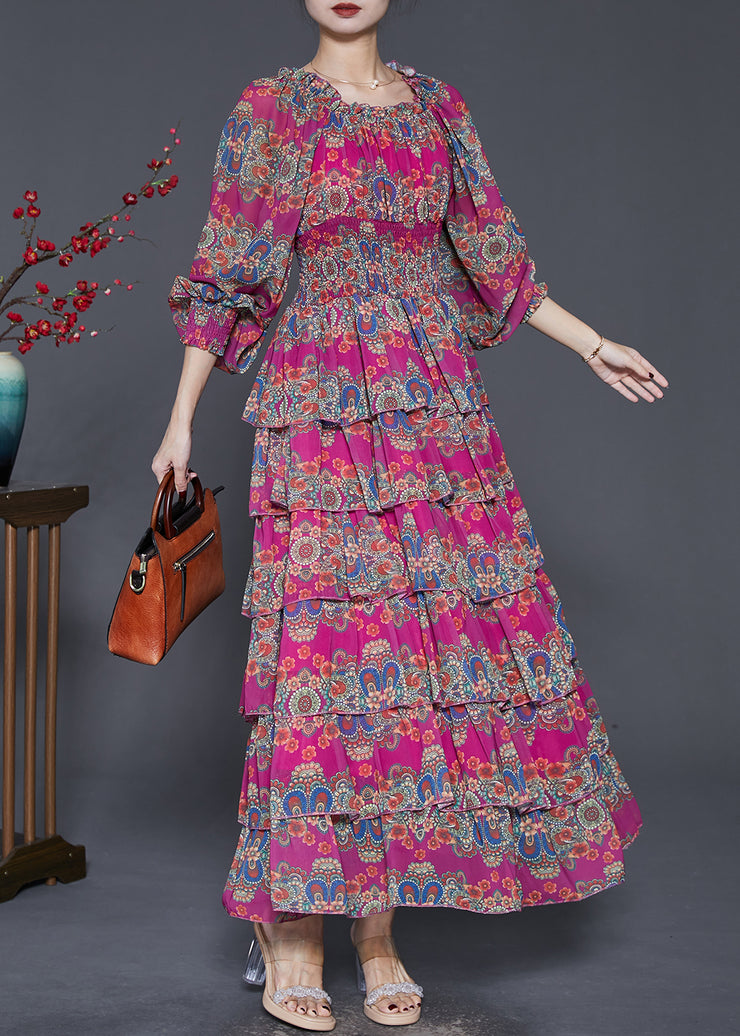 Unique Rose Elastic Waist Print Cotton Maxi Dresses Spring