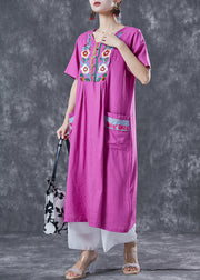 Unique Rose Embroidered Pockets Linen Holiday Dress Summer
