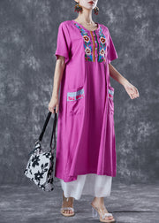 Unique Rose Embroidered Pockets Linen Holiday Dress Summer