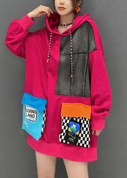 Unique Rose Hooded Patchwork Pockets Cotton Sweatshirts Top Fall
