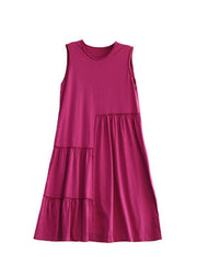 Unique Rose O-Neck Wrinkled Cotton Maxi Dresses Sleeveless