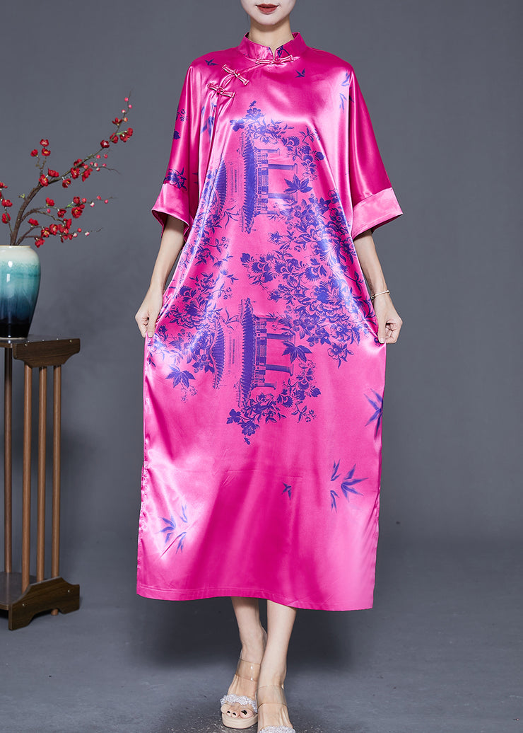 Unique Rose Print Silk Chinese Style Cheongsam Dress Summer