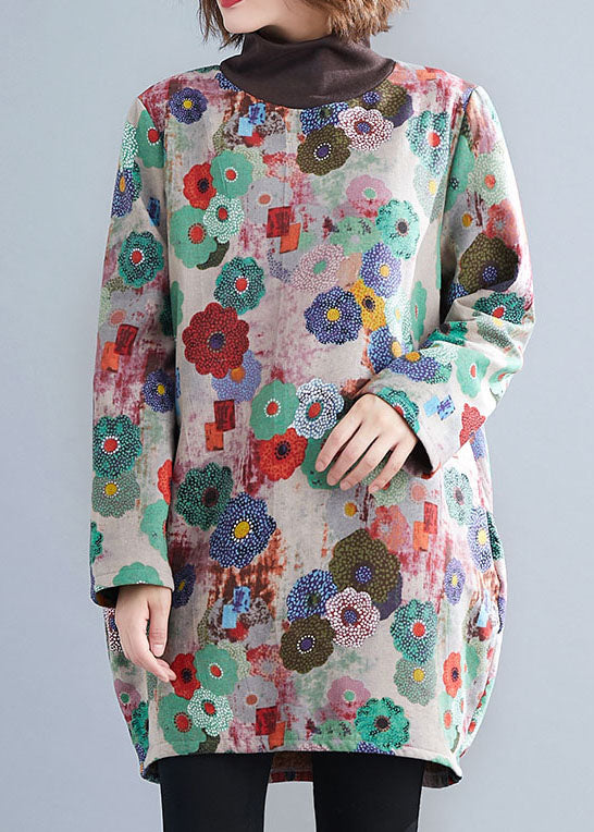 Unique Rose Turtle Neck Print Warm Fleece Mini Dress Winter