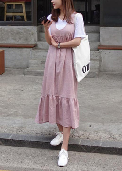 Unique Ruffles Bow cotton summer dresses Work Outfits pink Dresses - SooLinen