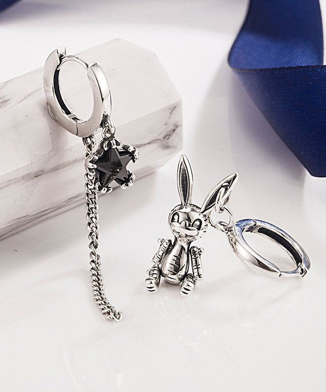 Einzigartige silberfarbene Kaninchen-Zirkon-asymmetrische Design-Silber-Tropfen-Ohrringe