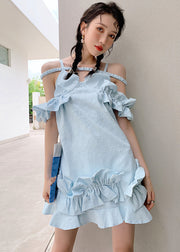 Unique Sky Blue Ruffled Jacquard Patchwork Cotton Holiday Dress Summer