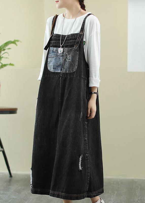 Unique Slash neck Hole Long dress Sewing denim black Plus Size Dress - SooLinen