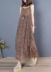 Unique Spaghetti Strap Cinched cotton summer dresses pattern chocolate print Maxi Dress - SooLinen