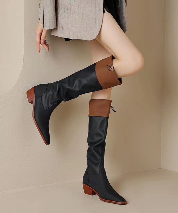 Unique Splicing Chunky Boots Black Cowhide Leather Pointed Toe
