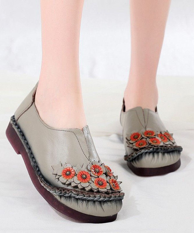 Unique Splicing Flat Shoes For Women Red Floral Cowhide Leather