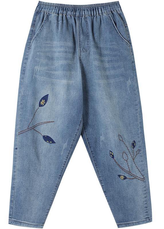 Unique Spring Trousers Casual Denim Blue Wardrobes Elastic Waist Leaf Pant - SooLinen