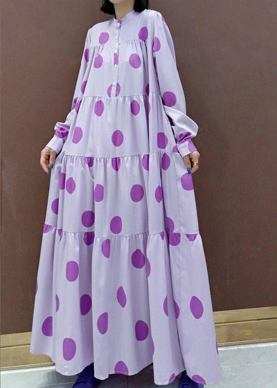 Unique Stand Collar Cinched Spring Outfit Photography Purple Dotted Loose Dresses - SooLinen