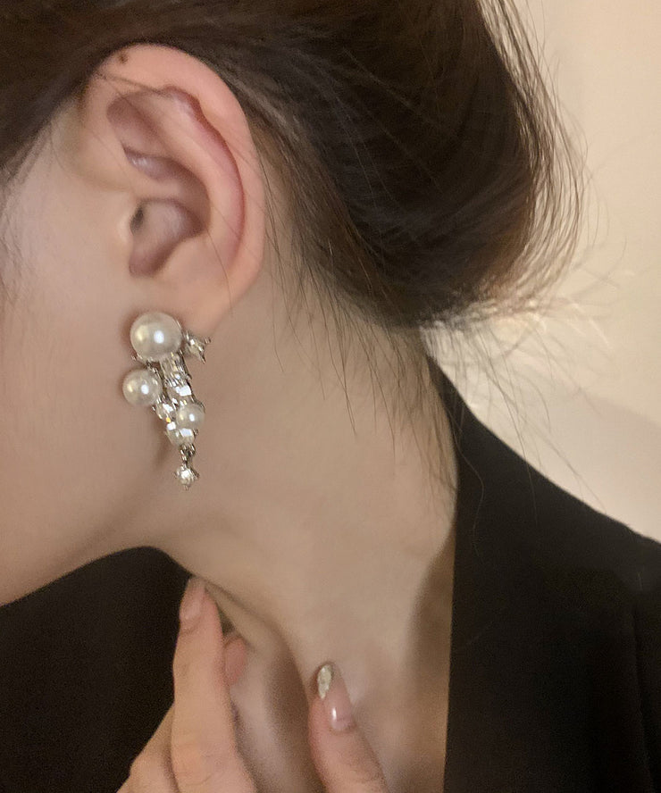 Unique Sterling Silver Pearl Zircon Geometry Tassel Drop Earrings