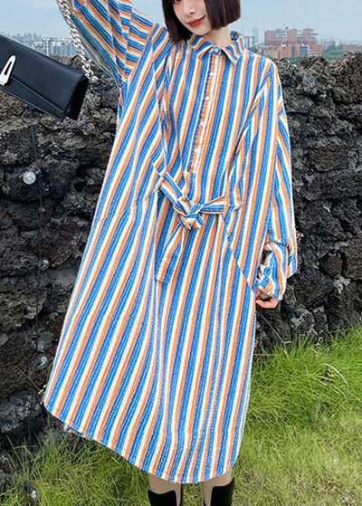 Unique Tie Waist Button Side Open Fall Striped Dress Long sleeve - SooLinen