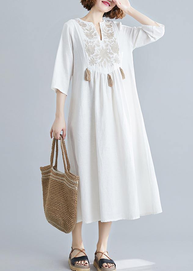 Unique V Neck Tassel Spring White Loose Linen Dress - SooLinen