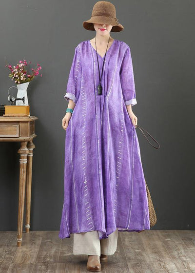Unique V Neck large hem Spring Tunics Pattern Purple A Line Dress - SooLinen