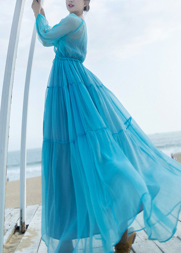 Unique Water Blue Patchwork Wrinkled Solid Chiffon Maxi Dresses Long Sleeve