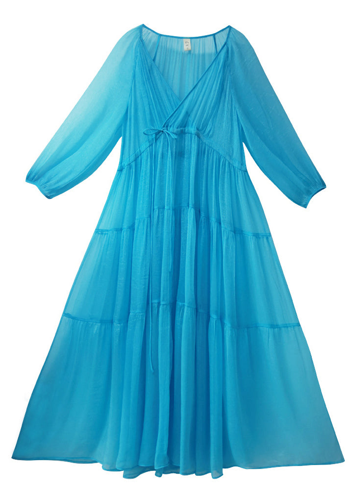 Unique Water Blue Patchwork Wrinkled Solid Chiffon Maxi Dresses Long Sleeve