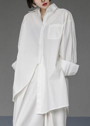 Unique White Asymmetrical Design Side Open Cotton Long Shirts Spring