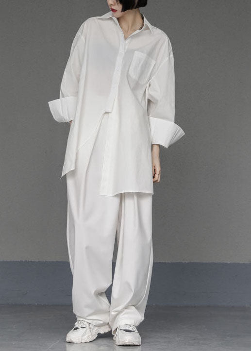 Unique White Asymmetrical Design Side Open Cotton Long Shirts Spring