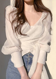Unique White Cross Strap Wrinkled Shirt Top Long Sleeve