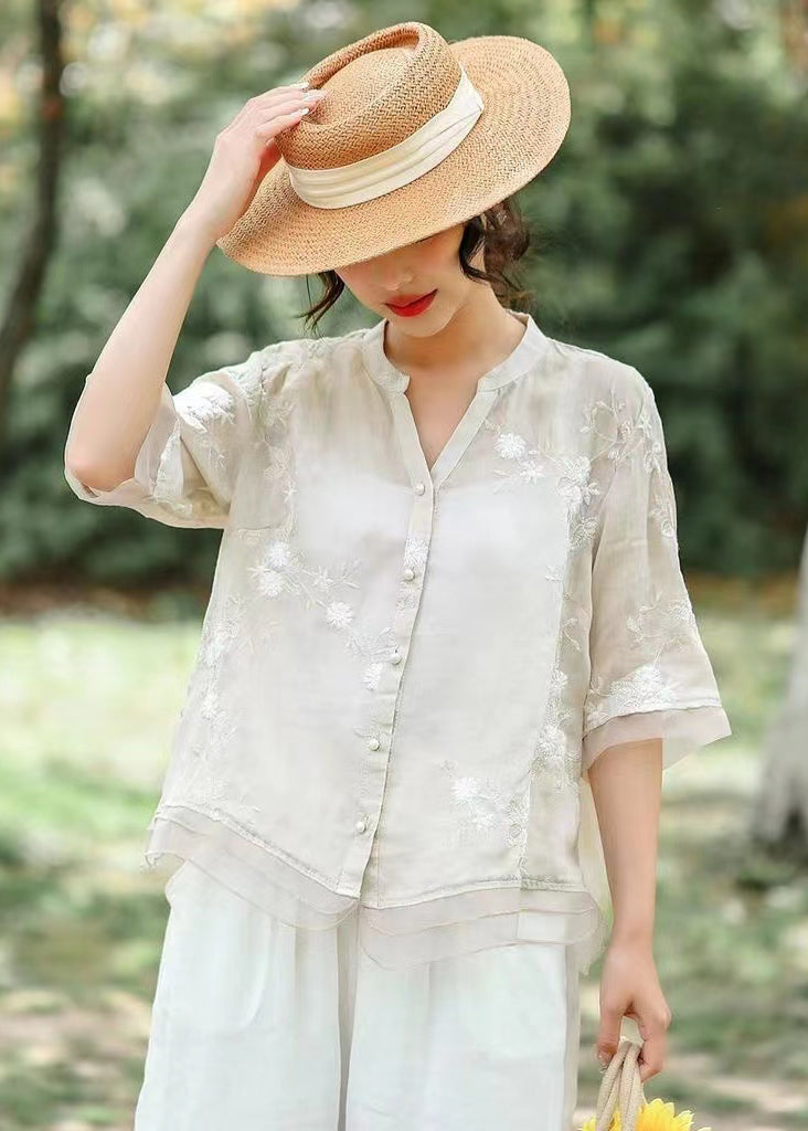 Unique White Embroidered Patchwork Linen Blouse Top Summer