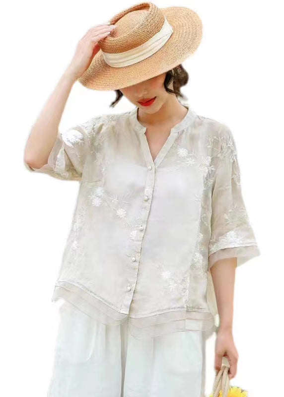 Unique White Embroidered Patchwork Linen Blouse Top Summer