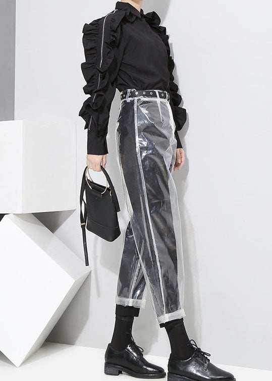 Unique White Hollow Out Zip Up Faux Leather Pants Spring