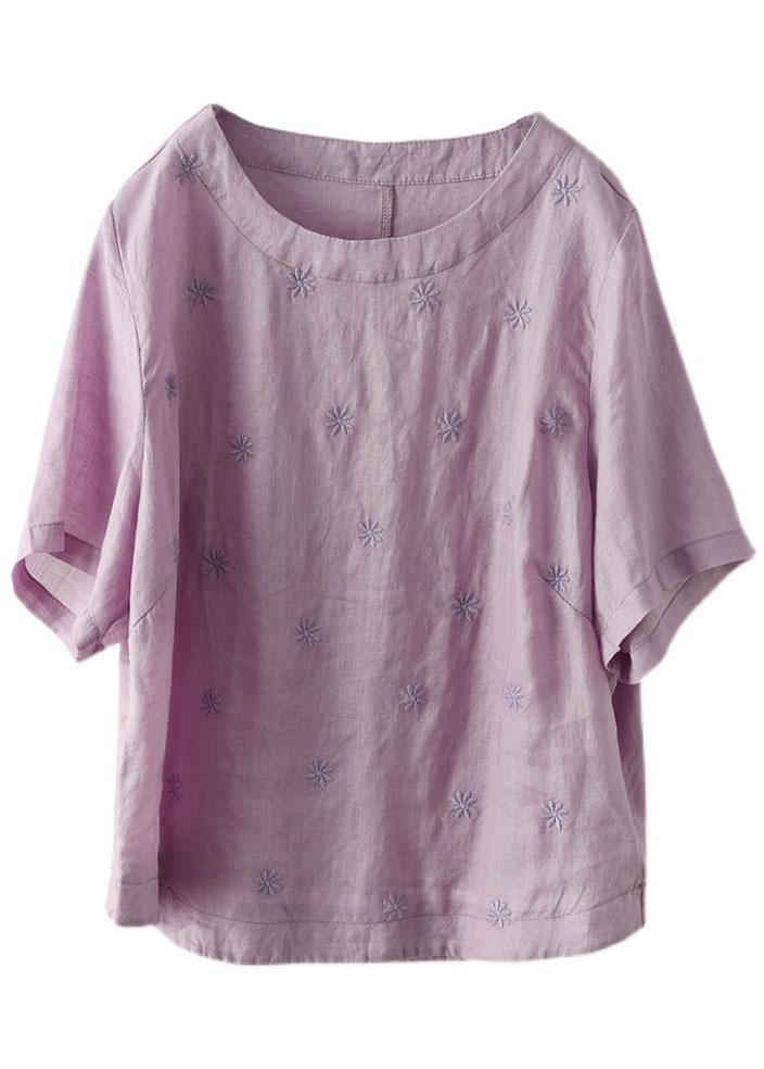 Unique White O-Neck Embroideried Summer Ramie Shirt Half Sleeve - SooLinen