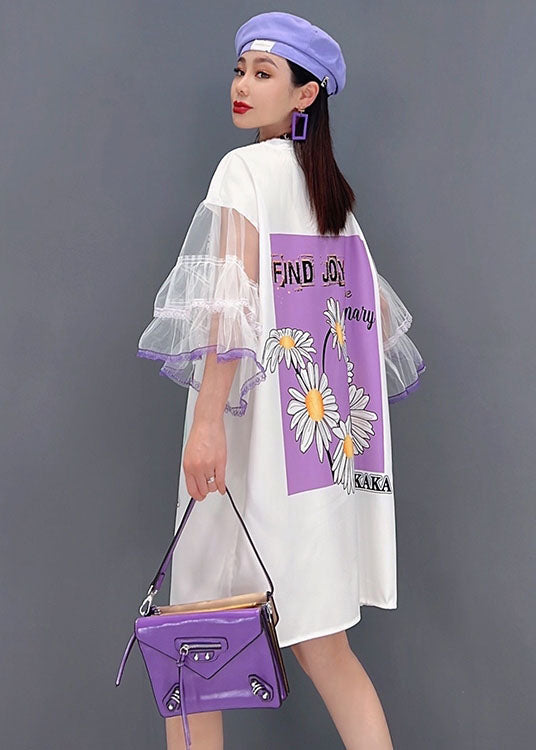 Unique White O-Neck Tulle Original Print Patchwork Mid Dress Flare Sleeve