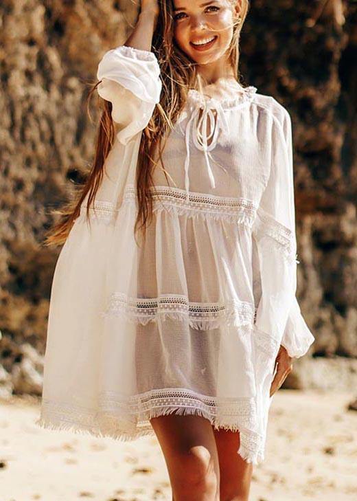 Unique White Patchwork Hollow Out Beach Gown Robe  Chiffon Dress - SooLinen