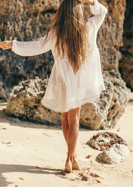 Unique White Patchwork Hollow Out Beach Gown Robe  Chiffon Dress - SooLinen