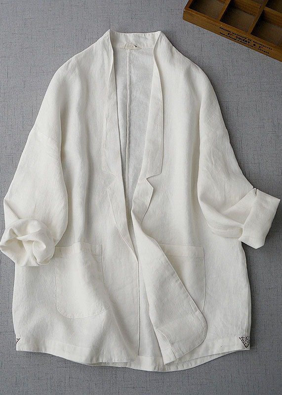 Unique White Peter Pan Collar Pockets Patchwork Linen Loose Coat Summer