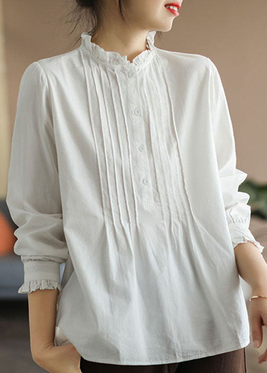 Unique White Ruffled wrinkled Cotton Shirt Tops Spring