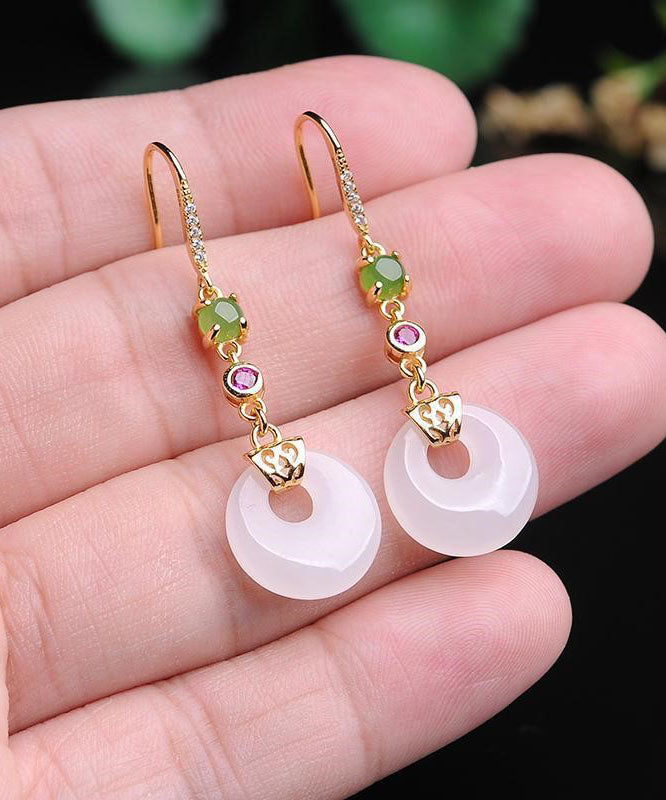 Unique White Sterling Silver Overgild Inlaid Jade Drop Earrings