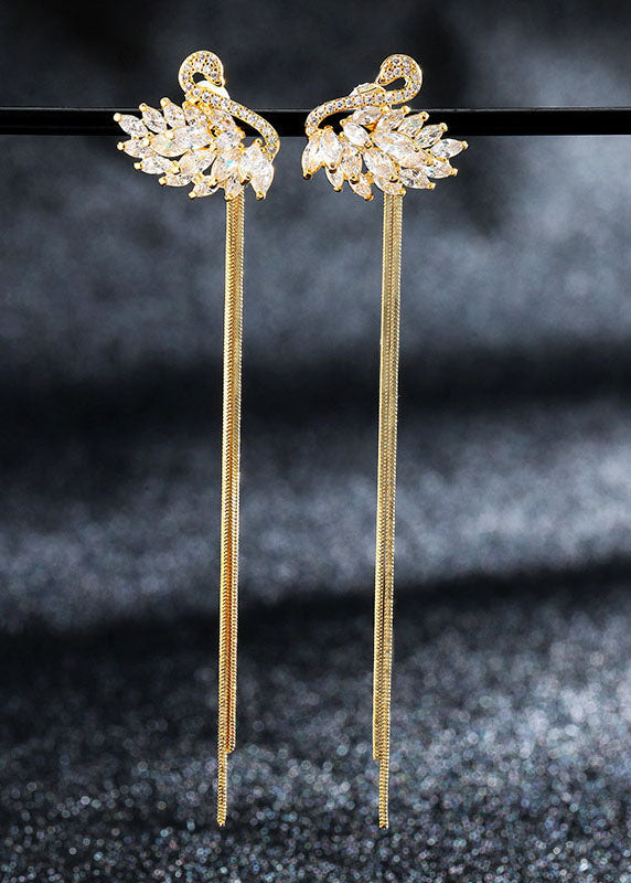 Unique White Swan Zircon 14K Gold Tassel Drop Earrings