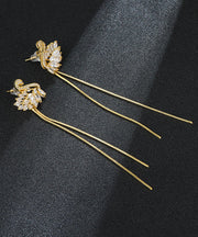 Unique White Swan Zircon 14K Gold Tassel Drop Earrings