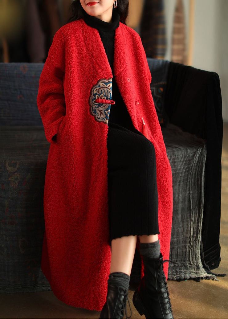 2021 Red Embroidered Patchwork Winter Thick Coats Wool Jackets