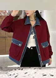 Unique Wine Red Peter Pan Collar Zippered Denim Patchwork Pockets Coats Fall