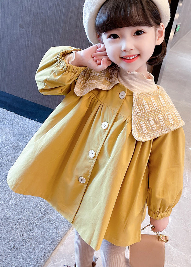 Unique Yellow Button Wrinkled Patchwork Cotton Baby Girls Trench Fall