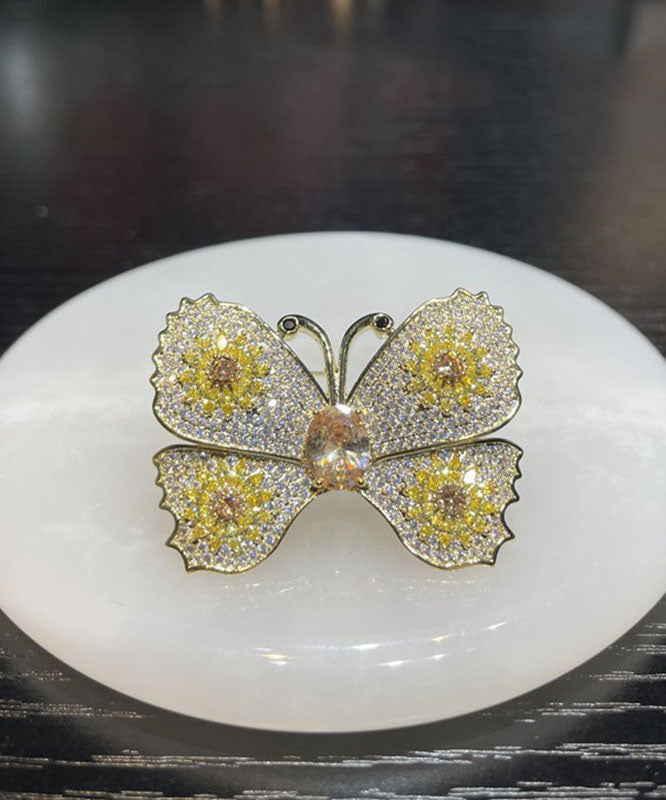 Unique Yellow Copper Alloy Inlaid Zircon Butterfly Brooches