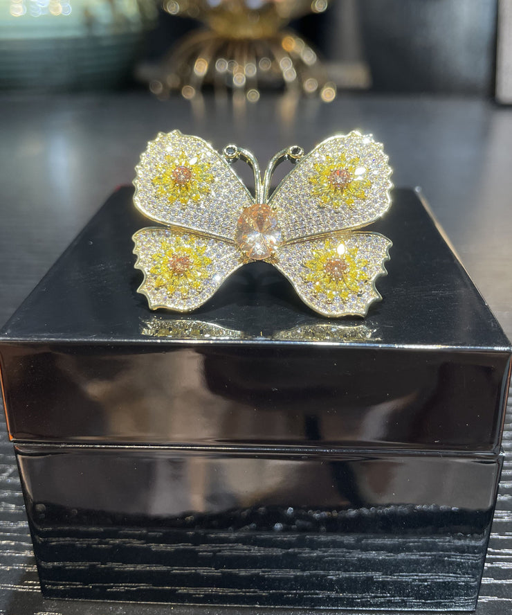 Unique Yellow Copper Alloy Inlaid Zircon Butterfly Brooches
